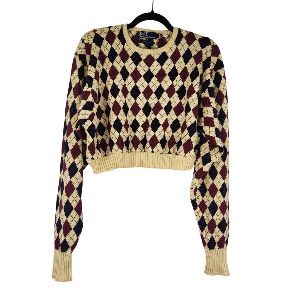 VTG Polo Ralph Lauren Argyle Cropped Pullover Women's Large Preppy 100% Cotton